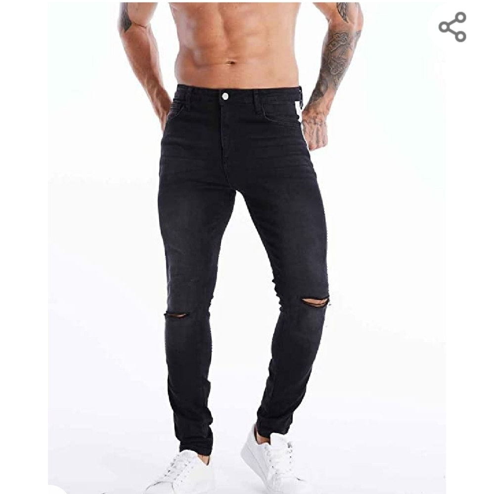 Mens Skinny Slim Black Jeans w White Stripe - Picture 2 of 9